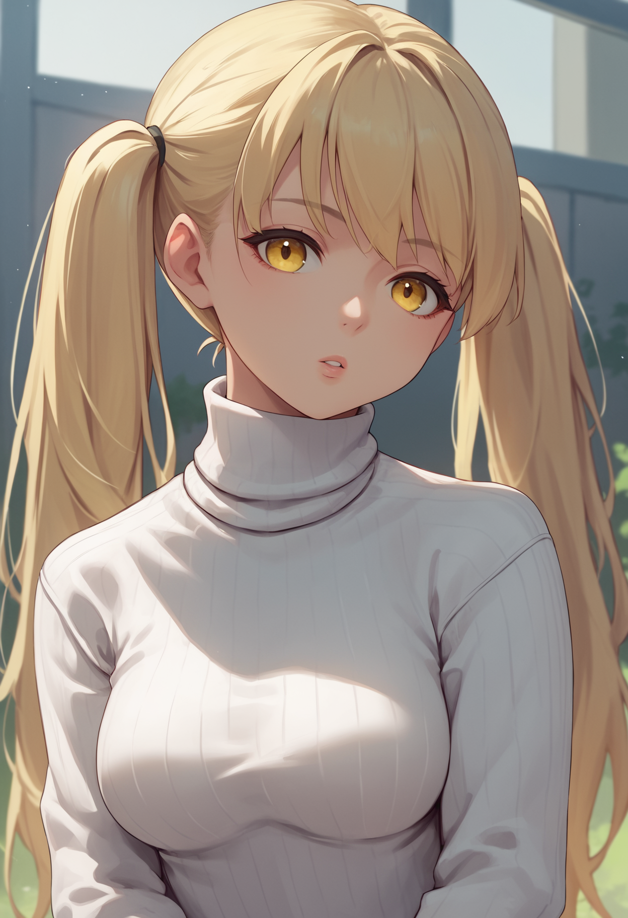 score_9, score_8_up, score_7_up, source_anime BREAK 1girl, solo, <lora:soldierfa-nikke-richy-v1_pdxl:1> sldrfa, blonde hair, long hair, twintails, yellow eyes, parted lips, breasts, white sweater, turtleneck sweater, ribbed sweater,