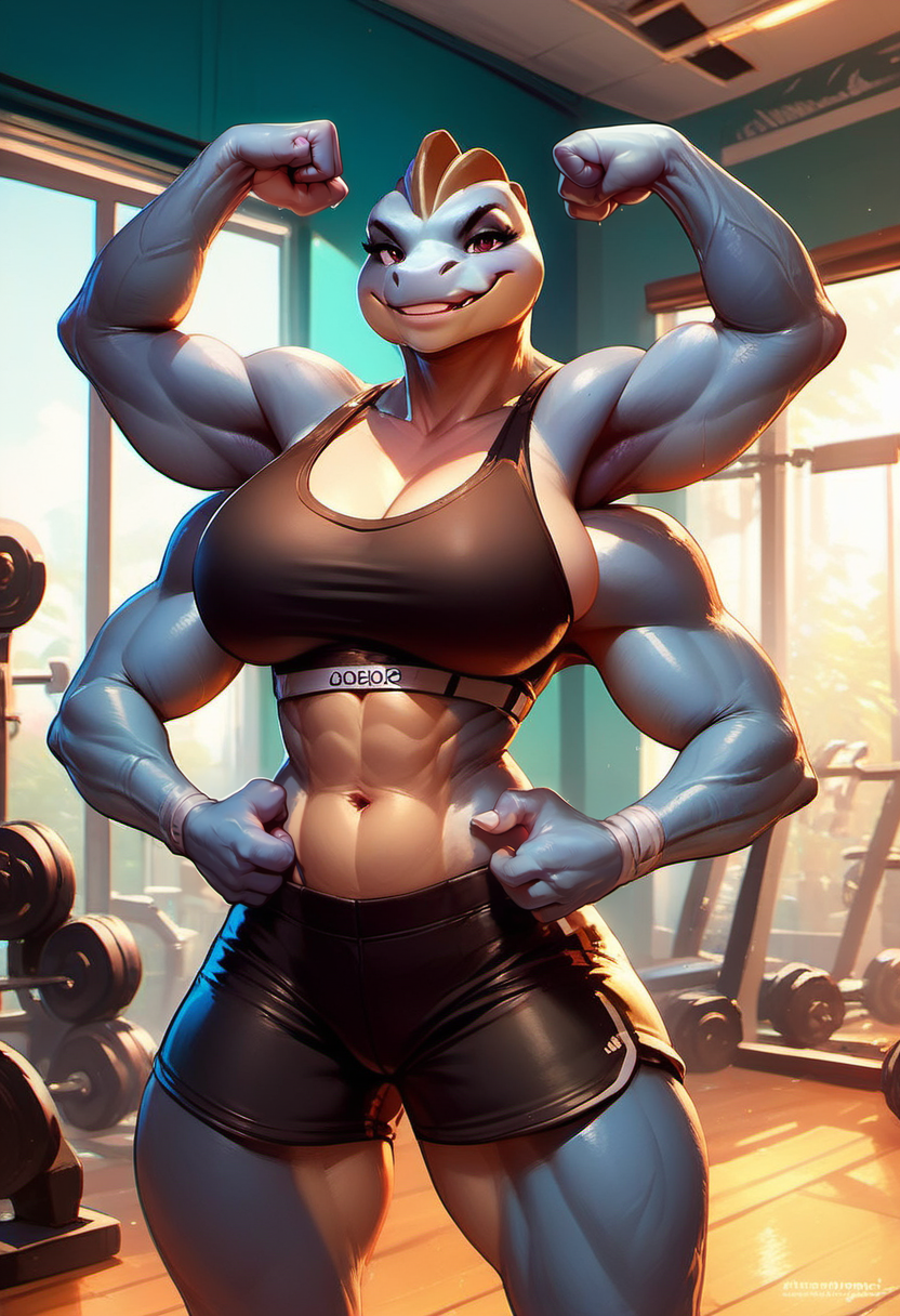 source_furry, <lora:MtF_Genderswap:1>, genderswap \(mtf\), machamp, solo, 1girl, large breasts, looking at viewer, navel, smile, standing, four arms, arms raised, flexing, black sports bra, black athletic shorts, indoors, gym, BREAK , zPDXL, score_9, score_8_up, score_7_up, score_6_up, score_5_up, score_4_up