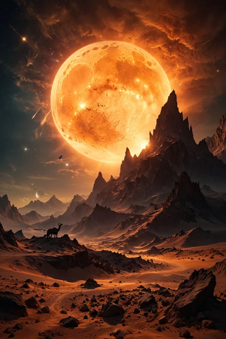 "A surreal moonscape, where jagged peaks rise from a barren expanse of dust, and strange, otherworldly creatures prowl beneath a sky ablaze with stars."
masterpiece, absurdres, highres, insane quality
<lora:MJ52:0.3> <lora:zavy-mthcl-sdxl:0.5> <lora:WildcardX-XL-Detail-Enhancer:0.8> <lora:dvr-lnds-sdxl:0.3> dvr-lnds-sdxl <lora:xl_more_art-full_v1:0.2>