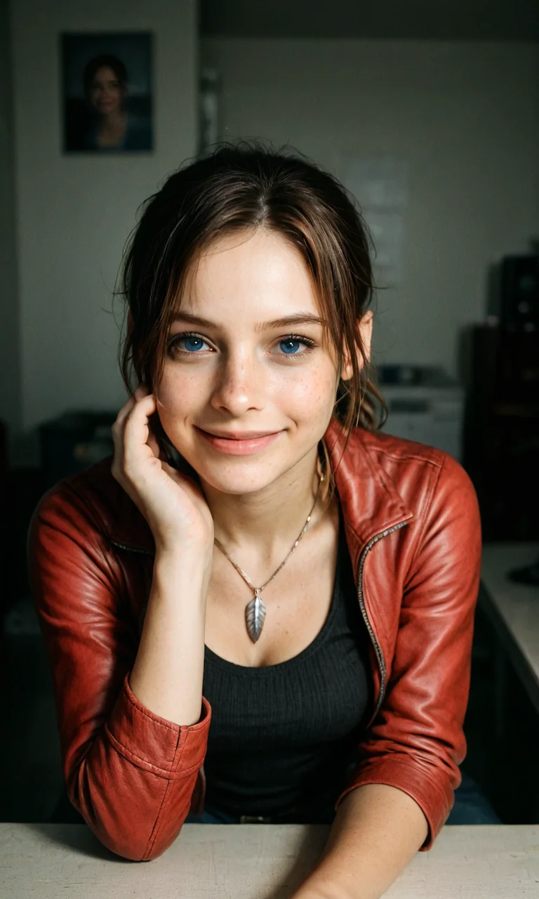 embedding:Stable_Yogis_Illustrious_Positives, RAW photograph, photorealistic, masterpiece, 1girl, solo, claire redfield, brown hair, blue eyes, parted bangs, ponytail, brown hair, red jacket, feather necklace, dark tank top, jeans indoors, night, hands on own face, smile, leaning forward,<lora:claire_redfield_sdxl.safetensors:1.0:1.0>