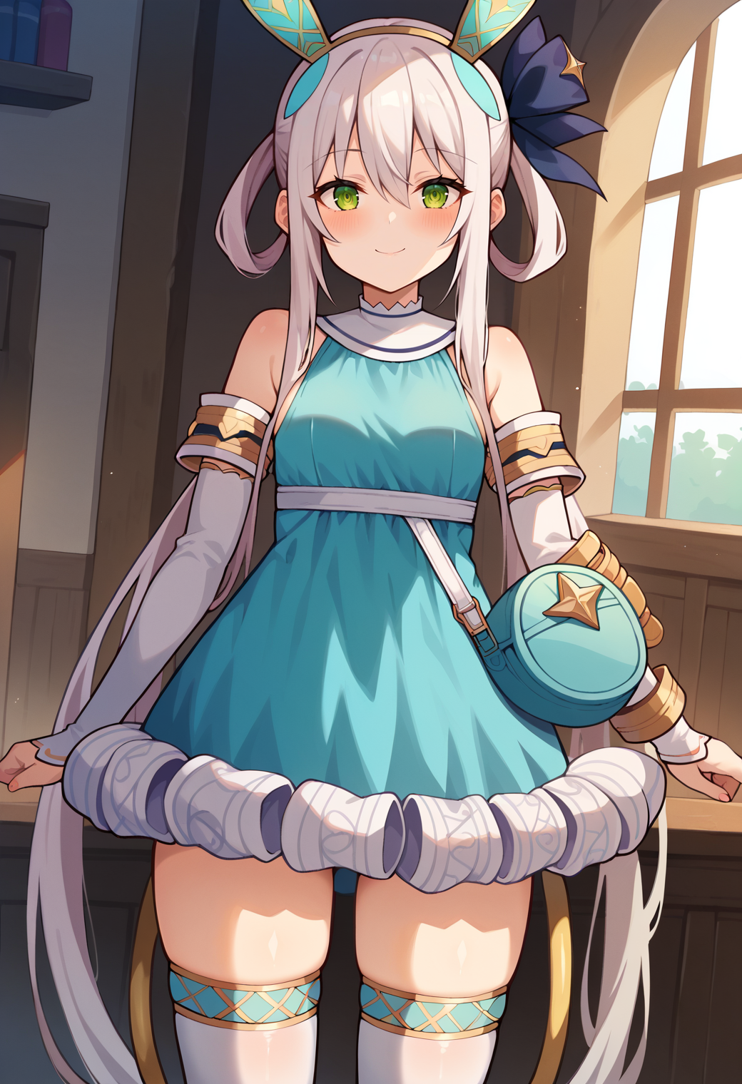 score_9, score_7_up, hd, (ultra hd quality details), indoors, source_anime,
solo, 1girl, plachtasp2base, hairband, fake animal ears, hair ornament, hair between eyes, small breasts, 
pls2defclothes, aqua dress, blue dress, golden armlet, elbow gloves, very_long_bangs, very long hair, hair rings, bare shoulders, long sleeves, detached sleeves, sleeveless, white sleeves, shoulder bag, bag, thighhighs, white thighhighs, cable tail,
looking at viewer, blush, smile,
dutch angle, standing,
 <lora:_plachta_sophie2-elesico-pony-06:0.85>