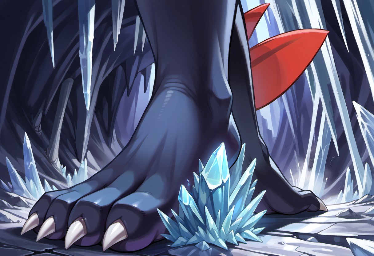 Weavile, pokemon (creature), barefoot, dark feet, 3 toes, standing, foot focus, close-up, ice cave