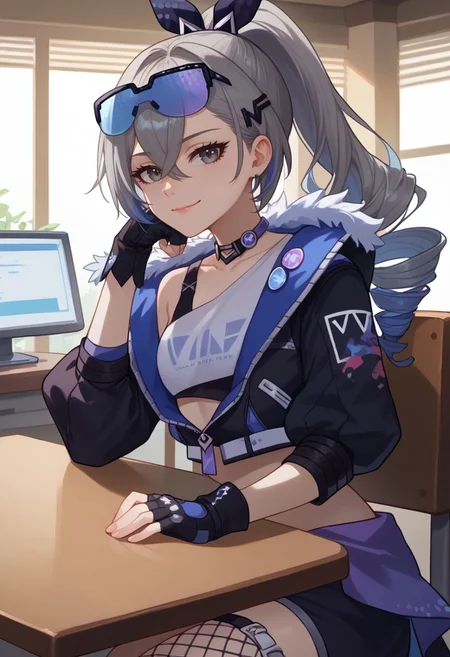 score_9, score_8_up, score_7_up, source_anime, 1girl, silverwolfdef, grey eyes, grey hair, long hair, ponytail, hair between eyes, drill hair, eyewear on head, hair ribbon, choker, crop top, fur trim, black jacket, cropped jacket, midriff, navel, black gloves, fingerless gloves, black shorts, short shorts, thigh strap, fishnet socks, sitting, on chair, table, head rest, elbow rest, smile, closed mouth, looking at viewer, indoors, portrait, close-up, upper body, facing viewer, <lora:Silverwolf_v1-000010:1>