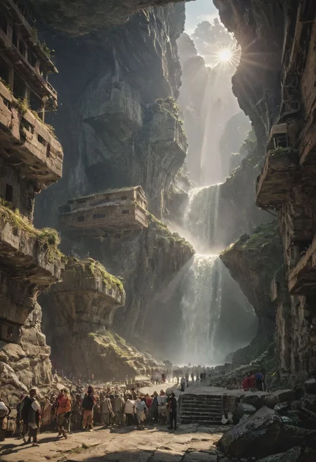 (pastel neon niji colors, terraforming mecha-Pyramid Like drdnght machine hovering above planet earth 20000 bc:1.55), 
(atmospheric haze, Film grain, cinematic film still, highly detailed, high budget, cinemascope, moody, epic, OverallDetail, gorgeous, 2000s vintage RAW photo, photorealistic, candid camera, color graded cinematic, eye catchlights, atmospheric lighting, skin pores, imperfections, natural, shallow dof:1.4),
(Ancient megalithic civilization, Azka Lines, on Easter Island:1.1), (The colonial city of the future, in the mist-filled Grand Canyon, on an unknown Earth-like planet, 2 moon on sky, Spaceship flight connects colonies, waterfulls:1), (Machu Picchu, a mountain settlement, incredibly spectacular:1),  (avant-garde, future, reality, science fiction, photorealistic), White limestone with black granite, fountain, waterfall, landmark, square, path, narrow street, (Large Files, Ultra Realistic, 8K, 16k, FHD, HD, VFX, Perfect, Photography, composition, Architecture Sales Photography, Architecture Competition, Ultra High Resolution, Cinematography, High Resolution Image:1), (dramatic lighting, direct sunlight, ray tracing, clear shadow:1), (real landscape:1), (blurred background:1.0), (urban background, more_details) ,
extremely detailed, industrialbuilding, drdnght machine, spstation, mayamaze, caveruinsAerial