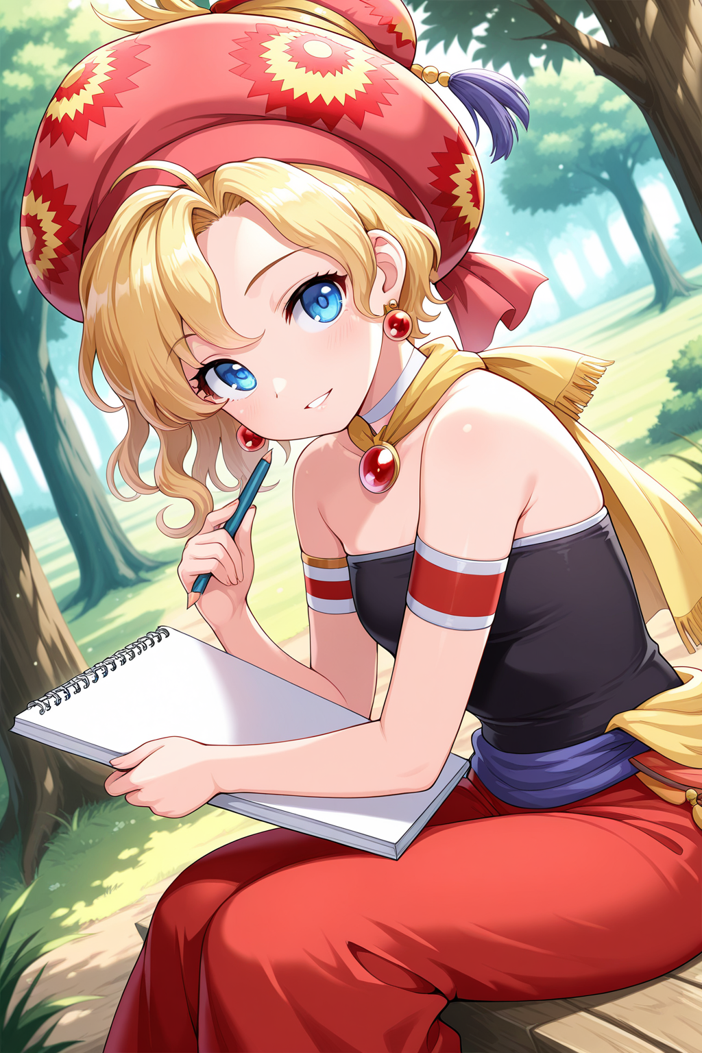 1girl, RelmArrownyFinalFantasy, 
general, solo, dutch angle,
short hair, blonde hair, wavy hair, blue eyes,
hat, earrings,
choker, jewelry, scarf, 
armband, 
strapless,
sitting, looking at viewer, smile, parted lips, holding pencil,
holding sketchbook,
fantasy, outdoors, spring, tree, 
<lora:kp_RelmArrownyFinalFantasyIllustrious_v1_0:1.0>,
masterpiece, best quality, amazing quality
