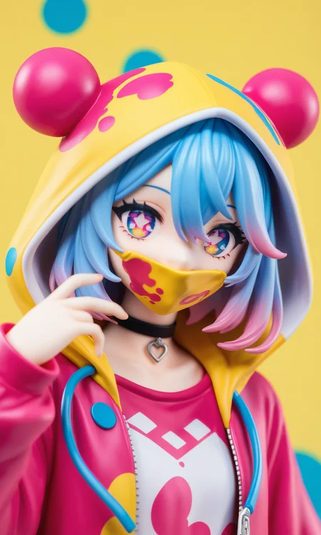 1girl,
real world location, photo background, the real background, solo, yellow background, choker, multicolored eyes, looking at viewer, black choker, portrait, multicolored hair, blue hair, pink hair, hood, halftone, short hair, pink eyes, liquid hair, covered mouth, paint splatter, floating hair, colorful, hair between eyes, makeup, hood down, multicolored background, virtual youtuber, gradient hair, hand up, abstract background, sidelocks, eyelashes, yellow pupils, bright pupils, blue eyes,
A young girl with pink and blue hair. she has a big smile on her face and is looking directly at the viewer. the background is filled with colorful splashes of different colors, including red, orange, yellow, green, blue, purple, and black. in the center of the image, there is a text that reads "the real world" in white letters. the overall style of the illustration is cartoon-like and playful.
score_9, score_8_up, score_7_up, source_anime