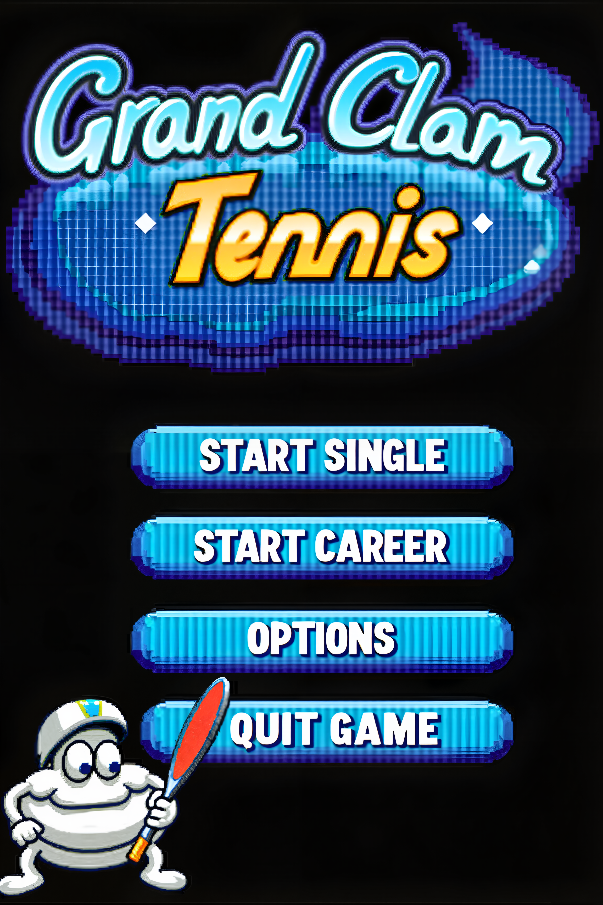 a title screen of a computer game called "Grand Clam Tennis". A clam playing tennis is pictured. In the bottom there is a button captioned "START SINGLE" below it there is a button captioned "START CAREER" and below it there is a button captioned "OPTIONS" and below it there is a button captioned  "QUIT GAME" and below that there is a clam holding a tennis racket.