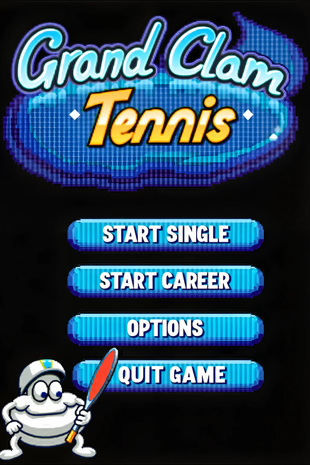 a title screen of a computer game called "Grand Clam Tennis". A clam playing tennis is pictured. In the bottom there is a button captioned "START SINGLE" below it there is a button captioned "START CAREER" and below it there is a button captioned "OPTIONS" and below it there is a button captioned "QUIT GAME" and below that there is a clam holding a tennis racket.