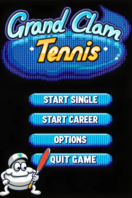 a title screen of a computer game called "Grand Clam Tennis". A clam playing tennis is pictured. In the bottom there is a button captioned "START SINGLE" below it there is a button captioned "START CAREER" and below it there is a button captioned "OPTIONS" and below it there is a button captioned "QUIT GAME" and below that there is a clam holding a tennis racket.