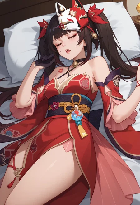 score_9, score_8_up, score_7_up, source_anime, 1girl, sparkledef, closed eyes, long hair, twintails, fox mask, mask on head, bell, black choker, bare shoulders, flower tattoo, criss-cross halter, detached sleeves, red dress, japanese clothes, obi, black sash, black gloves, single glove, thigh strap, lying, on back, on side, on bed, open mouth, sleeping, looking to the side, indoors, bedroom, pillow hug, <lora:Sparkle_v1-000010:1>