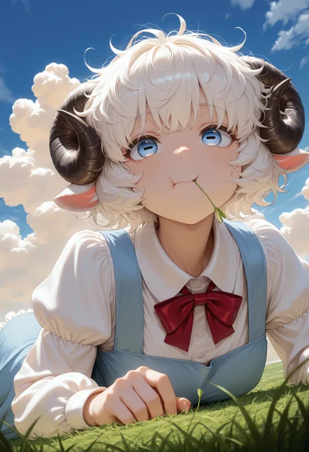 1girl, horizontal pupils, chewing, stalk in mouth, grass, sheep horns, blue eyes, short hair, white hair, messy hair, sheep ears, red bowtie, light blue dress, pinafore dress, frilled dress, long dress, white shirt, collared shirt, puffy sleeves, lying, on stomach, from below, sky, cloud, masterpiece, best quality
