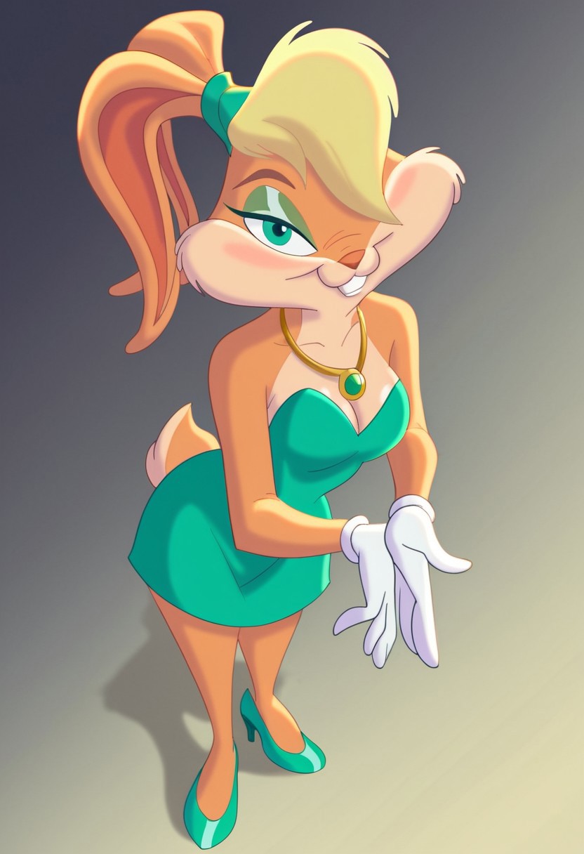score_7_up, score_8_up, score_9, masterpiece,  high quality,
LolaBunnySJ2, furry, cartoon, anthro rabbit, looney tunes style, female, solo, 1girl, 
blond hair, (((hair covering one eye)), beige body, green eyes, (light green hairband),
white gloves, ((green dress)), ((strapless dress)), (necklace),
smiling, looking at viewer, (light green eyeshadow))
(((green high heels)))), standing, full body view, full body
ballroom,