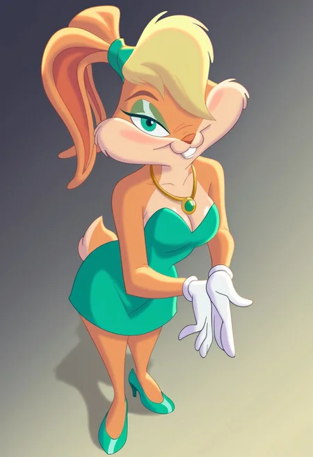 score_7_up, score_8_up, score_9, masterpiece,  high quality,
LolaBunnySJ2, furry, cartoon, anthro rabbit, looney tunes style, female, solo, 1girl, 
blond hair, (((hair covering one eye)), beige body, green eyes, (light green hairband),
white gloves, ((green dress)), ((strapless dress)), (necklace),
smiling, looking at viewer, (light green eyeshadow))
(((green high heels)))), standing, full body view, full body
ballroom,