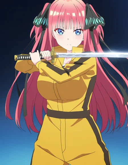 masterpiece, best quality, newest, absurdres, highres, safe,, <lora:nnakano-s2-ponyxl-lora-nochekaiser:1>, long hair, bangs, blue eyes, hair ornament, hair ribbon, pink hair, blunt bangs, two side up, butterfly hair ornament, large breasts, anime screencap, <lora:sword-guard-stance-illustriousxl-lora-nochekaiser:1>, sword guard stance, sword, weapon, solo, katana, holding, holding weapon, holding sword, looking at viewer, jumpsuit, yellow jumpsuit, high collar, cowboy shot, pants,, ,