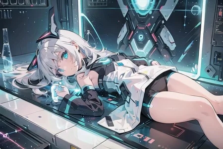 (masterpiece), (science fiction:1.4), 1girl, lying on the back on a mirror, lying on the back on a mirror, lying on the back on a mirror, smile, silver hair, aqua eyes, headgear, long sleeves, detached sleeves, glowing energy clothing, light particles, energy particles, perfect hands, perfect legs