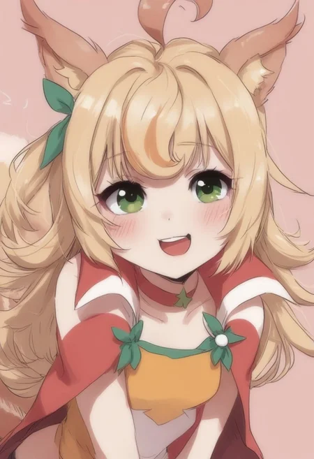 score_9, score_8_up, score_7_up, aya, 1girl, animal ears, solo, blonde hair, long hair, ahoge, smile, blush, open mouth, green eyes, aya, 1girl, small breasts, animal ear, squirrel girl, squirrel tail, blonde hair, long hair