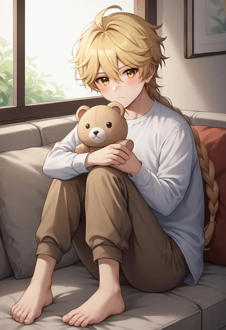 score_9, score_8_up, score_7_up, source_anime, highly detailed,
traveler, 1boy, male focus, blonde hair, braid, long hair, yellow eyes, barefoot, solo, long sleeves, single braid, bangs, shirt, feet, sitting, hair between eyes, looking at viewer, stuffed animal, blush, frown, holding stuffed animal, pants, cute,
indoor, couch, oriental,