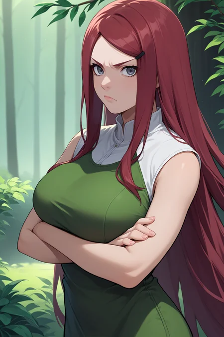 score_9, score_8_up, score_7_up, score_6_up, source_anime, 1girl, solo, <lora:kushina-pdxl-nvwls-v1-000004:1> kshna, red hair, long hair, grey eyes, hairclip, white shirt, green dress, sleeveless, long dress, forest, from side, big breasts, crossed arms, looking at you, furrowed brow, annoyed