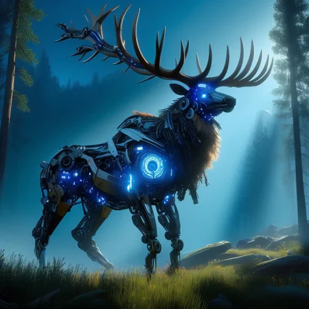 Full metal robot, non- humanoid robt, scifi, (Ultra Realistic:1.0),32k,(Masterpiece:1.0),(High Detailed Skin:1.0),( High Quality:1.0), (Detailed Realistic Background:1.3), (Official Art, Beautiful and Aesthetic:1.2), (Realistic Lighting:1.0), glowing, day, science fiction, nature, grass, deer, scenery, mountain, non-humanoid robot, forest, "An imposing, machine-like elk standing majestically on mountain edge looking at sky, its intricate mechanical parts inspired by the Horizon Zero Dawn style. The elk’s body is a blend of organic and metallic elements, with glowing blue lights coursing through its frame, reflecting the technological sophistication of a bygone era. Its angle are vast and sharp, made of gleaming steel, resembling a regal crown.
The scene is set in a deep of field, epic cinematic lighting, view from below dramatic sky with beams of cinematic light piercing through the canopy, casting dramatic shadows across the elk’s form. The atmosphere is epic and tense, as the elk stands still, as if inspecting its surroundings with quiet intelligence. The mood is both mysterious and foreboding, emphasizing the contrast between nature and technology, framed in high resolution and intense detail, evoking the visual grandeur and storytelling depth of Horizon Zero Dawn."