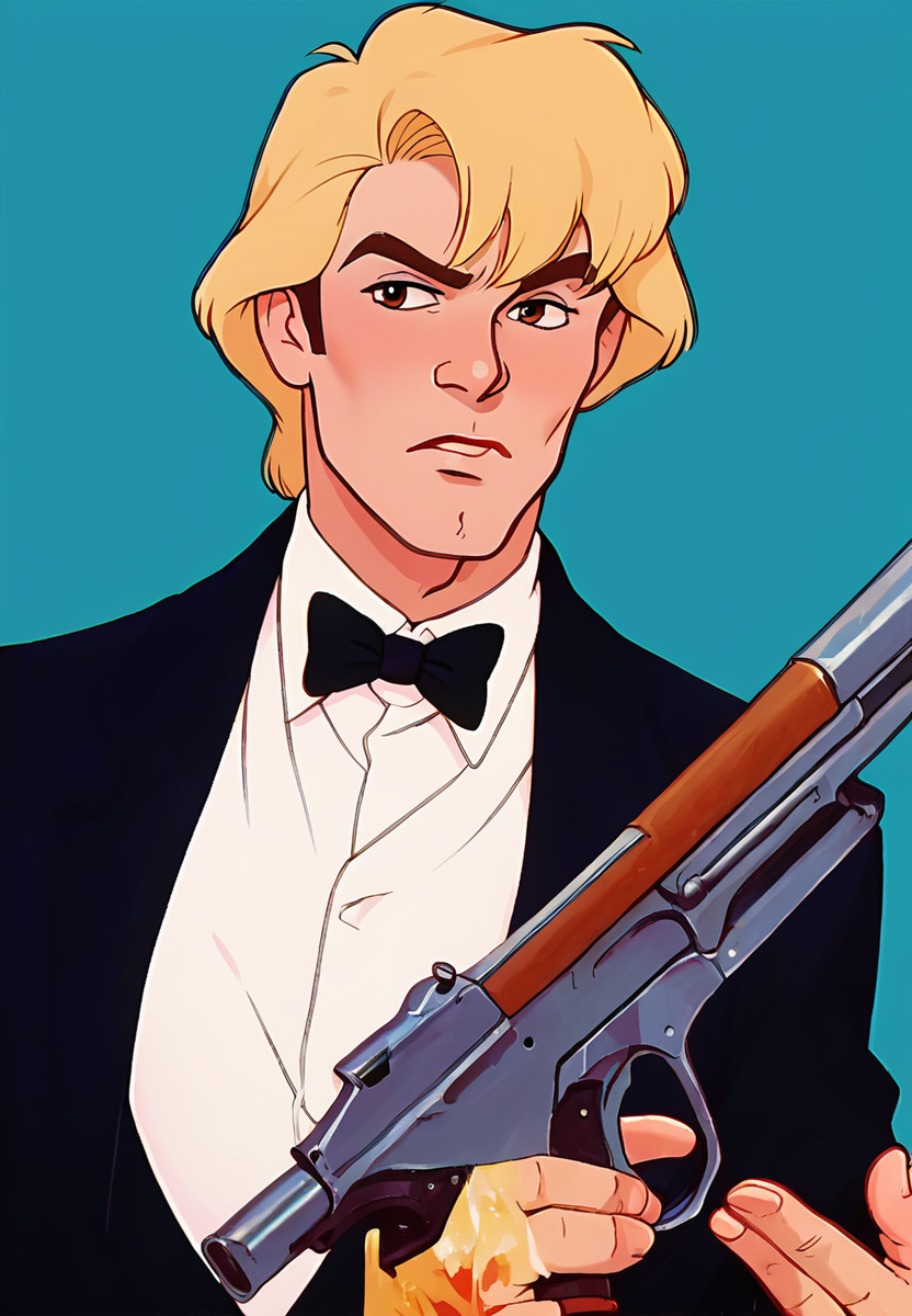 score_9, score_8_up, score_7_up, score_6_up,  animation, retro artstyle, disney style, <lora:Zak_pxl_V0.0-000050:0.8> z9k, 1boy, a serious looking boy is holding a gun. he is wearing a (black tuxedo).  james bond impression
location: abstract background, shadows, lightskinned
artistic composition
<lora:norman_rockwell_style_pony_v6:0.7> norman rockwell style