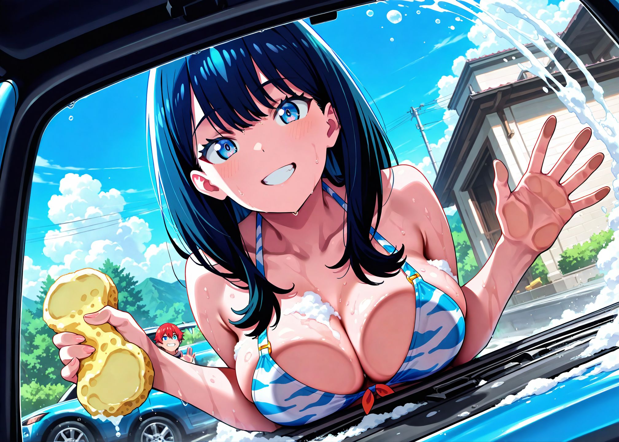masterpiece, best quality, newest, absurdres, highres, detailed eyes, beautiful, detailed background, perfect eyes, anime coloring, anime screencap,
<lora:breast_wiper:0.7>breast_wiperV1,
grin, smile, teeth, breasts on glass, leaning forward,  washing vehicle, car wash, soap bubbles, sponge,
wet, against glass, holding sponge, hand on glass,  vehicle interior,architecture, car wash \(place\), 
day, sky, solo, dutch angle, against glass, bikini,hands on glass,
BREAK
ssss.gridman, 
official art, 
takarada rikka, 
 Hibiki Yuuta,
adult couple, 20YO,