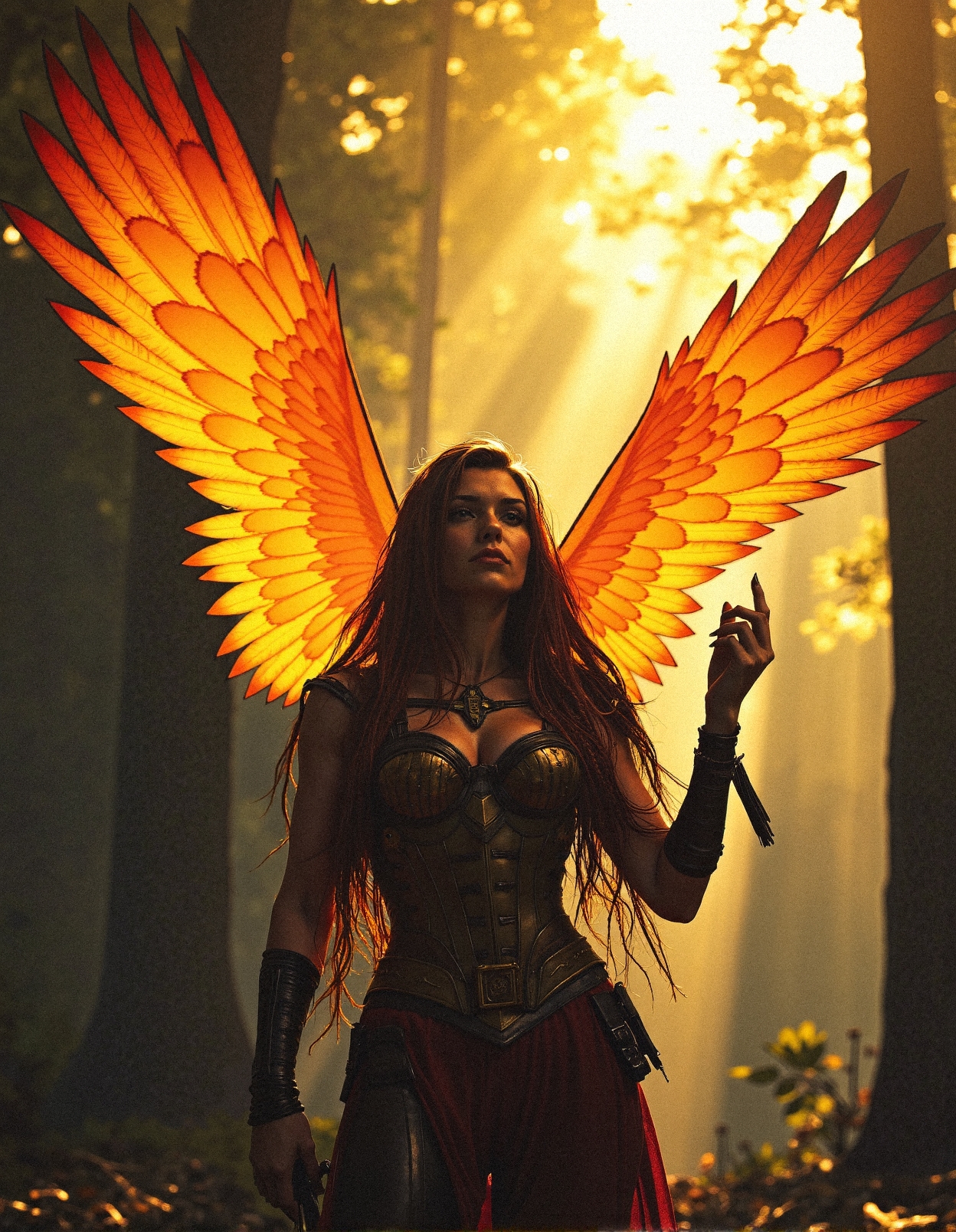 A fierce warrior woman standing tall in a dense forest bathed in golden sunlight, wearing a battle-worn leather corset and armor adorned with tribal details and golden accents. Her fiery, vibrant orange wings spread wide, feathers shimmering with deep gradients of red and yellow. Her hair is intricately braided, framing a face filled with determination and pride, gazing upward as if ready for battle. Her right hand raised, fingers poised with commanding elegance, while the other rests on her waist. Sunlight filters through the trees, casting intricate patterns of light and shadow. The atmosphere is warm and majestic, emphasizing the ethereal power of the scene, captured with a cinematic focus.
 <lora:FluxDFaeTasticDetails:0.3> <lora:Comic_Style_-_FLUX:0.7000000000000001>