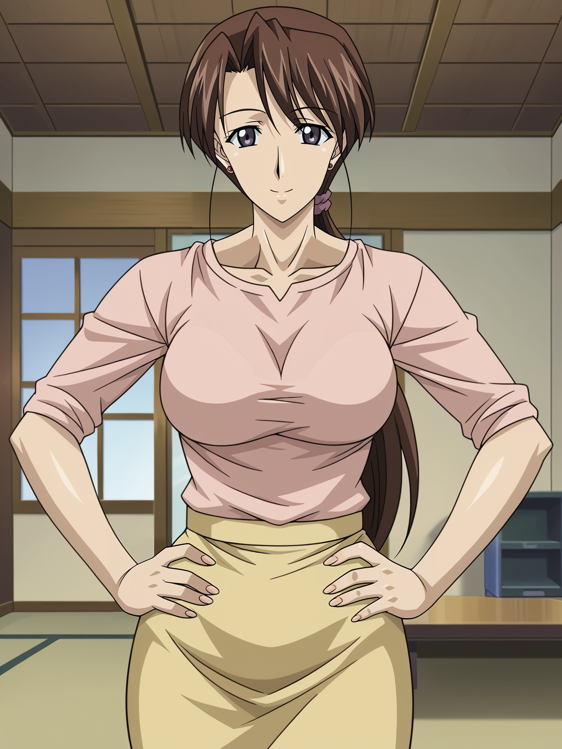 <lora:Sawako-Yama_Hime_no_Mi:0.7>,sawako,mature female,1girl,solo,brown hair,ponytail,long hair,earrings,breasts,shirt,skirt,cowboy shot,hands on own hips,looking at viewer,indoors,smile