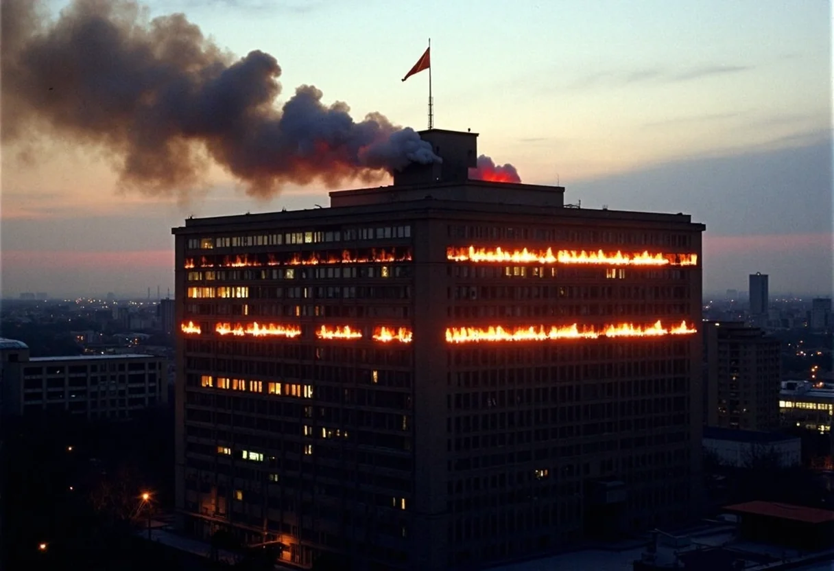 Government building at dusk or dawn, illuminated by dramatic fire effects along upper floors, smoke visible against dusky sky, urban setting with city lights visible in background, architectural photography capturing historic moment, Soviet-era administrative building design, flag visible on rooftop, low-light photography conditions, hazy atmospheric effects, city skyline partially visible in distance, documentary-style historical photograph, film grain characteristic of early 1990s photojournalism
