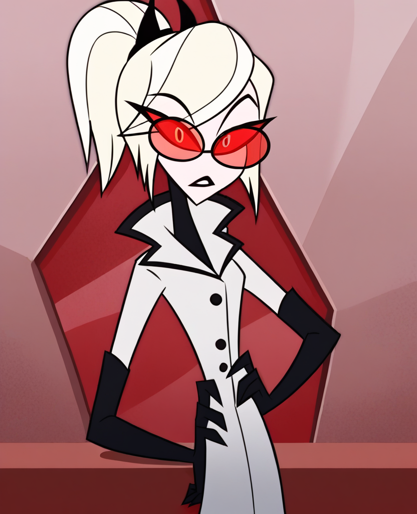 <lora:Odette_Carmine-000007:1> , odc1, 1girl, white hair, red sclera, short hair, ponytail, white eyes, coat, red-tinted eyewear, elbow gloves, shoes, portrait, looking at viewer, parted lips, hand on own hip, long white coat,