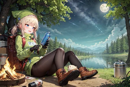 masterpiece, best quality, ultra-detailed, illustration, 1girl, solo, outdoors, camping, night, mountains, nature, stars, moon, bonfire, tent, twin ponytails, green eyes, cheerful, happy, backpack, sleeping bag, camping stove, water bottle, mountain boots, gloves, sweater, hat, flashlight, forest, rocks, river, wood, smoke, shadows, contrast, clear sky, constellations, Milky Way, peaceful, serene, quiet, tranquil, remote, secluded, adventurous, exploration, escape, independence, survival, resourcefulness, challenge, perseverance, stamina, endurance, observation, intuition, adaptability, creativity, imagination, artistry, inspiration, beauty, awe, wonder, gratitude, appreciation, relaxation, enjoyment, rejuvenation, mindfulness, awareness, connection, harmony, balance, texture, detail, realism, depth, perspective, composition, color, light, shadow, reflection, refraction, tone, contrast, foreground, middle ground, background, naturalistic, figurative, representational, impressionistic, expressionistic, abstract, innovative, experimental, unique