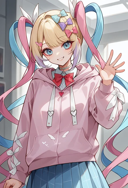 score_9, score_8_up, source_anime, 1girl, solo, KAngelExhibition, blue eyes, multicolored hair, blonde hair, blue hair, pink hair, very long hair, quad tails, multiple hair bows, hairclip, white choker, red bowtie, pink hoodie, white skirt, indoors, waving at viewer, smile, <lora:ChamKAngelPonyXL:1>