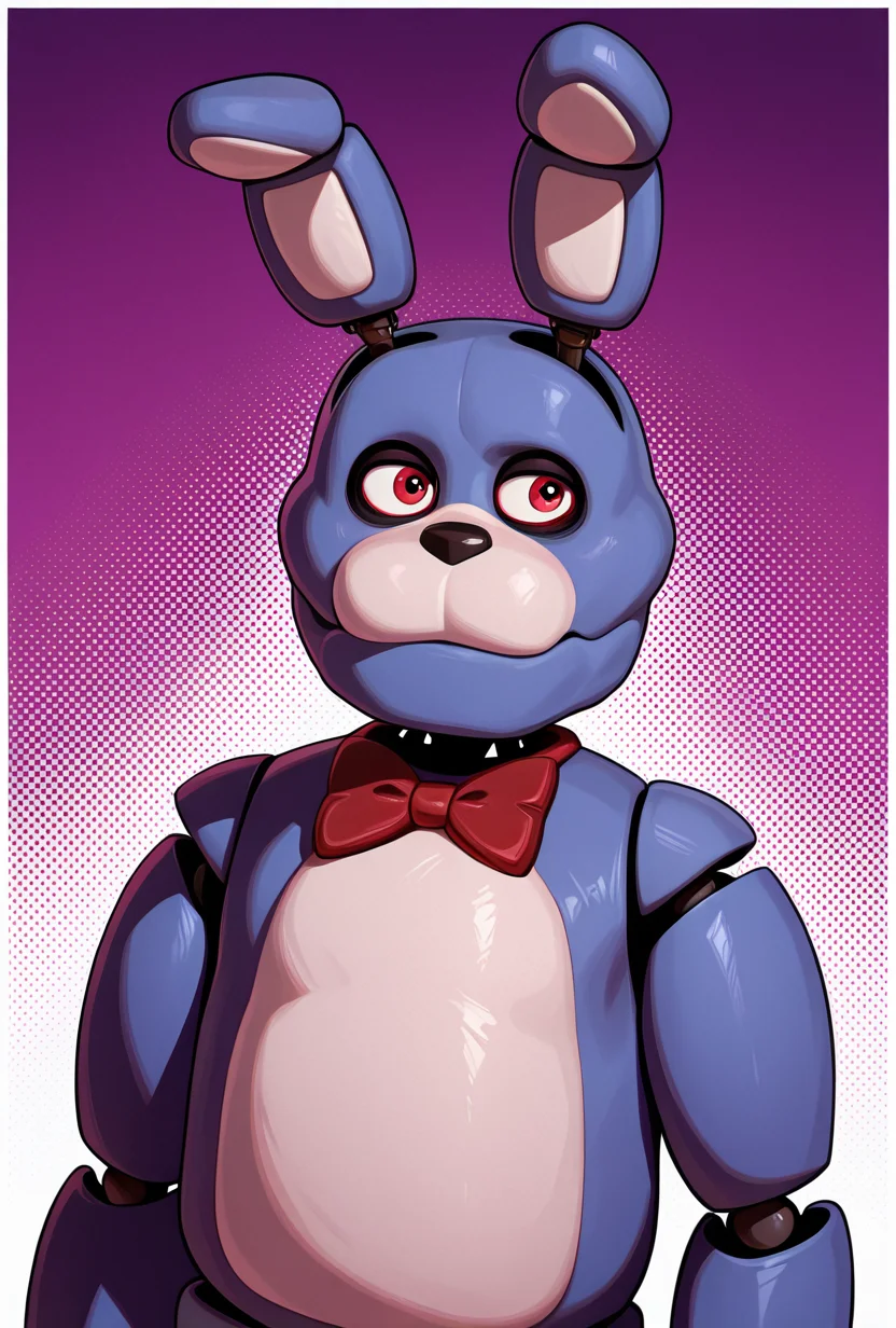 <lora:bonnie-10:1> bonnie, rabbit ears, red bowtie, red eyes, 1boy, joints, animatronic, smile, closed mouth, purple background,, masterpiece, best quality, amazing quality, very aesthetic, absurdres, newest,, upper body, halftone effect, white borders, abstract background:1.2,