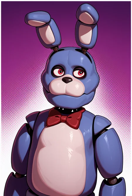 <lora:bonnie-10:1> bonnie, rabbit ears, red bowtie, red eyes, 1boy, joints, animatronic, smile, closed mouth, purple background,, masterpiece, best quality, amazing quality, very aesthetic, absurdres, newest,, upper body, halftone effect, white borders, abstract background:1.2,