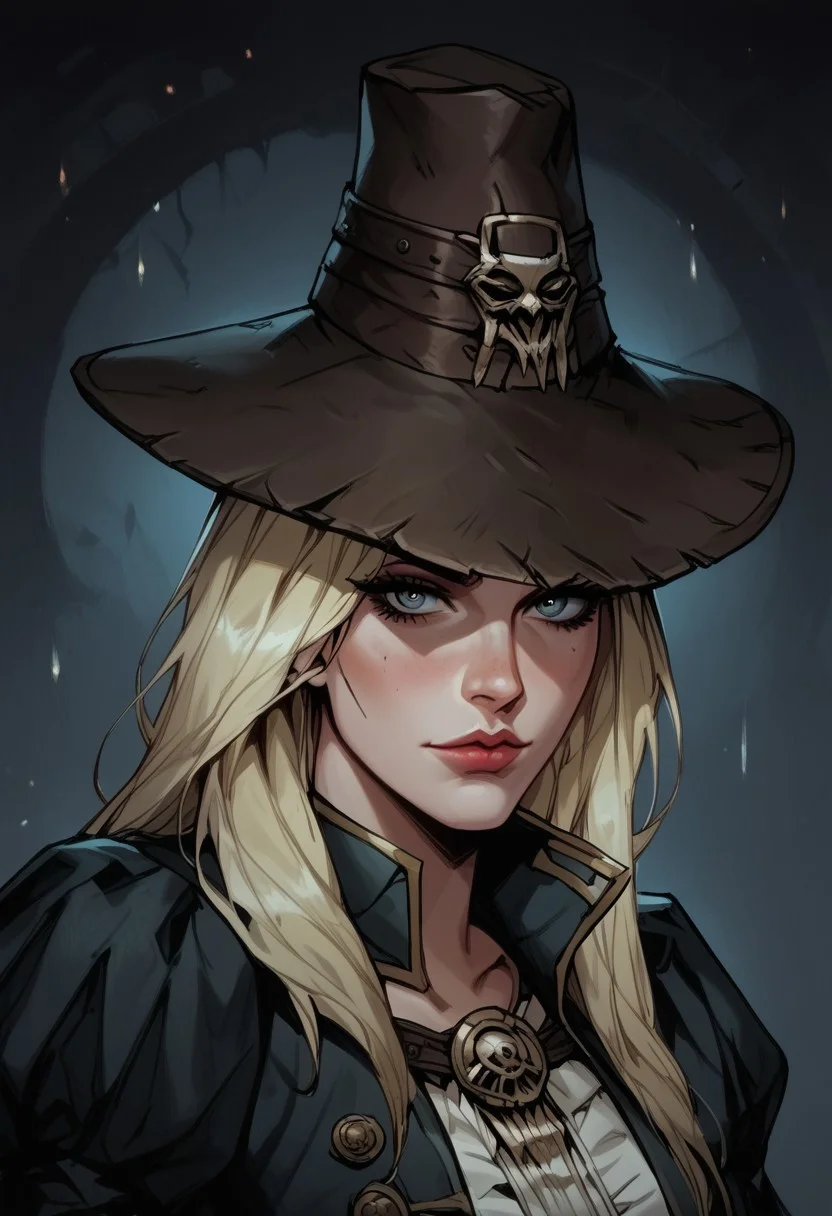 score_9, score_8_up, score_7_up, BREAK, 1woman beautiful, dramatic lights ((Graverober, blonde, DarkestDungeon, GraverobberDD, hat, Darkest Dungeon))