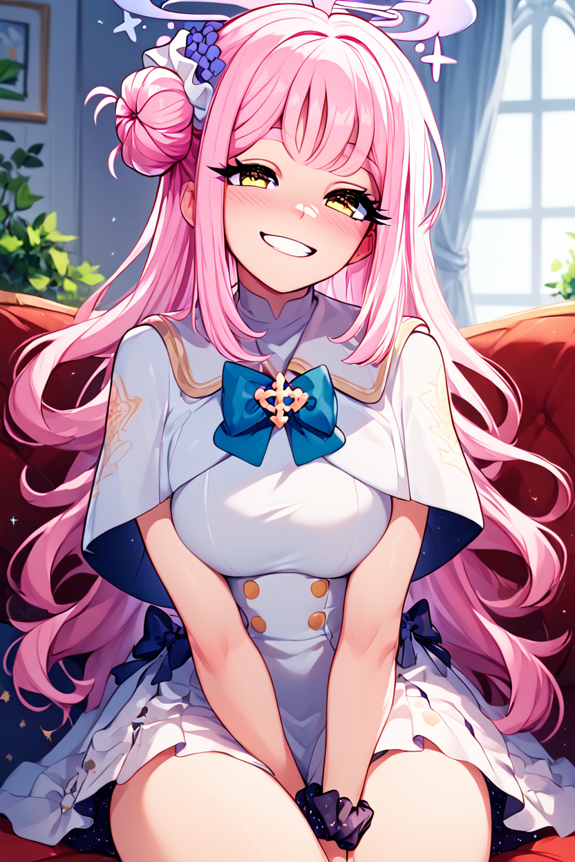 score_9, score_8_up, score_8, medium breasts, (curvy), cute, eyelashes,      ,,, <lora:MikaMisono_BlueArchive_PDXL:1>, zzMika, pink hair, halo, yellow eyes, long hair, single side bun, hair flower, pink halo, hair ornament, white dress, blue bow, hair bun, scrunchie, white capelet,  ,,, hand between legs, blush, smug,  ,,,  smile, looking at viewer, blush, blurry, couch, sitting,   ,,, <lora:Afrobull_PDXL_v5:0.8>, ,  ,,, BREAK,   smile, looking at viewer, cowboy shot,   embedding:zPDXL, Expressiveh, <lora:SDXLFaeTastic2400:0.5>,  <lora:Expressive_H-000001:0.4>,