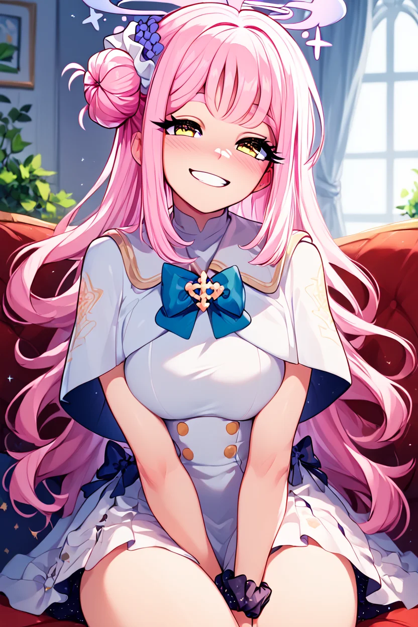 score_9, score_8_up, score_8, medium breasts, (curvy), cute, eyelashes, ,,, <lora:MikaMisono_BlueArchive_PDXL:1>, zzMika, pink hair, halo, yellow eyes, long hair, single side bun, hair flower, pink halo, hair ornament, white dress, blue bow, hair bun, scrunchie, white capelet, ,,, hand between legs, blush, smug, ,,, smile, looking at viewer, blush, blurry, couch, sitting, ,,, <lora:Afrobull_PDXL_v5:0.8>, , ,,, BREAK, smile, looking at viewer, cowboy shot, embedding:zPDXL, Expressiveh, <lora:SDXLFaeTastic2400:0.5>, <lora:Expressive_H-000001:0.4>,
