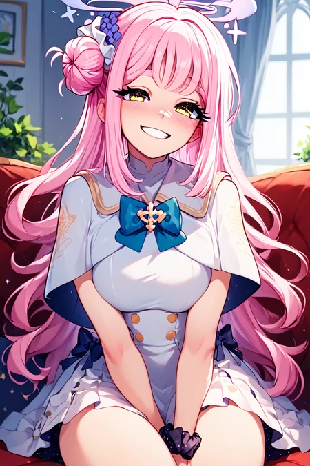 score_9, score_8_up, score_8, medium breasts, (curvy), cute, eyelashes, ,,, <lora:MikaMisono_BlueArchive_PDXL:1>, zzMika, pink hair, halo, yellow eyes, long hair, single side bun, hair flower, pink halo, hair ornament, white dress, blue bow, hair bun, scrunchie, white capelet, ,,, hand between legs, blush, smug, ,,, smile, looking at viewer, blush, blurry, couch, sitting, ,,, <lora:Afrobull_PDXL_v5:0.8>, , ,,, BREAK, smile, looking at viewer, cowboy shot, embedding:zPDXL, Expressiveh, <lora:SDXLFaeTastic2400:0.5>, <lora:Expressive_H-000001:0.4>,