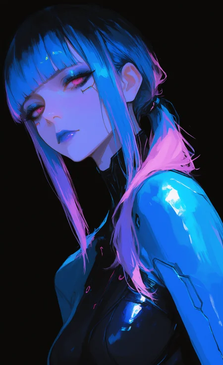 masterpiece, best quality, good quality, very awa, very aesthetic, absurdres, newest, 1girl, solo, long hair, breasts, looking at viewer, simple background, black hair, closed mouth, medium breasts, blue hair, upper body, pink hair, ponytail, blunt bangs, pink eyes, lips, makeup, bodysuit, black background, lipstick, hair over shoulder, eyeshadow, nose, purple lips, blue lips, cyberpunk, 96yottea,
Cinematic Lighting,Dutch Angle, <lora:ponyv6_noobV1_2_adamW-000017:0.7> <lora:USNR_STYLE_XL_lokr:0.45> <lora:745cmSDXLvpred75S:0.45>