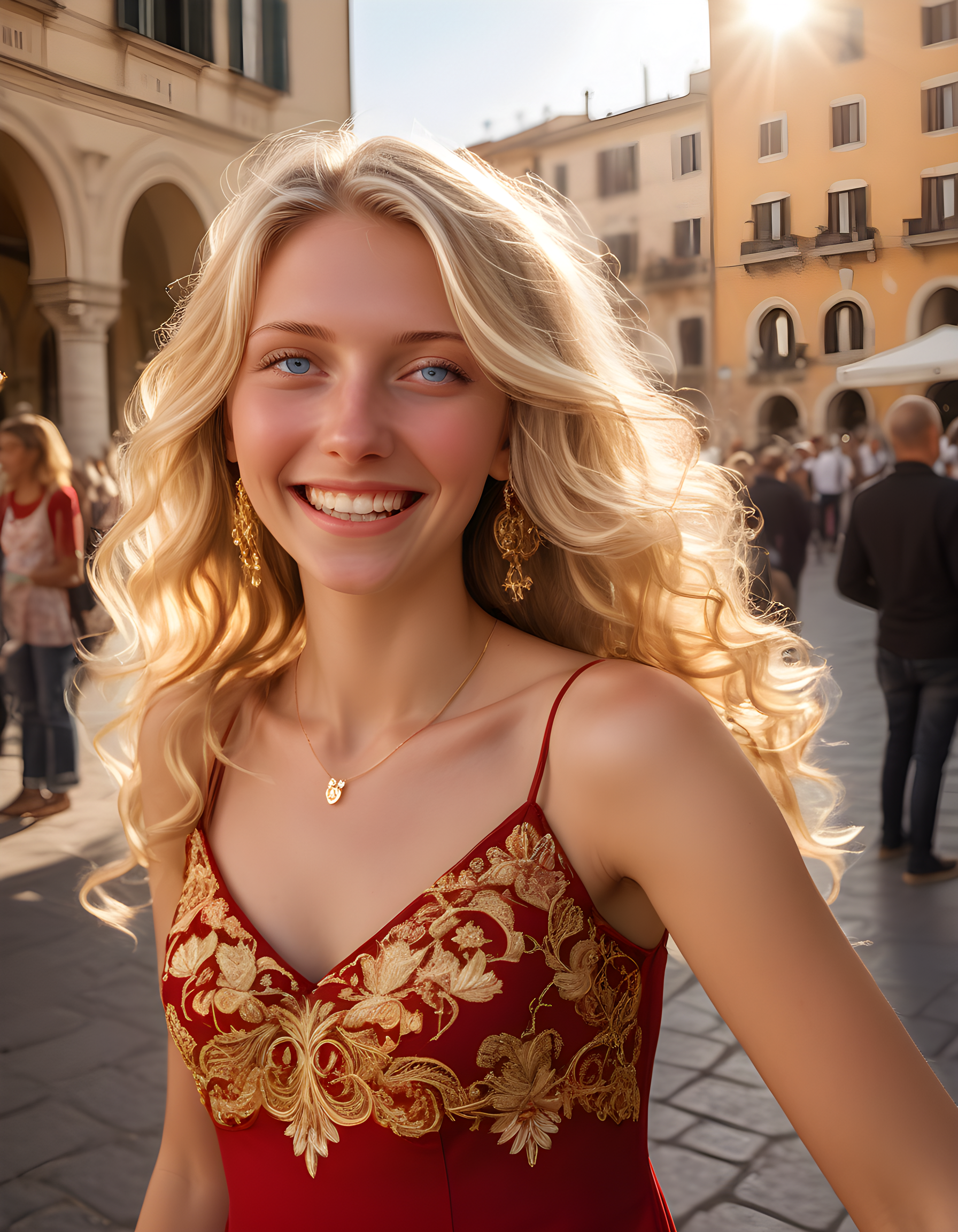 In a vibrant, sunlit Italian piazza bathed in golden afternoon light, Kemkin, a stunning blonde woman with long, wavy hair cascading down her shoulders, stands alone, her piercing blue eyes locked onto the viewer's gaze. Her lips subtly curved into a radiant smile, revealing perfectly white teeth. She wears an elegant red dress adorned with intricate gold embroidery and a matching necklace that catches the sunlight, accentuating her graceful demeanor. The piazza bustles with activity in the background _ children laughing, vendors calling out their wares, and locals chatting animatedly _ but Kemkin remains the undeniable center of attention as she confidently poses under the warm embrace of the setting sun.