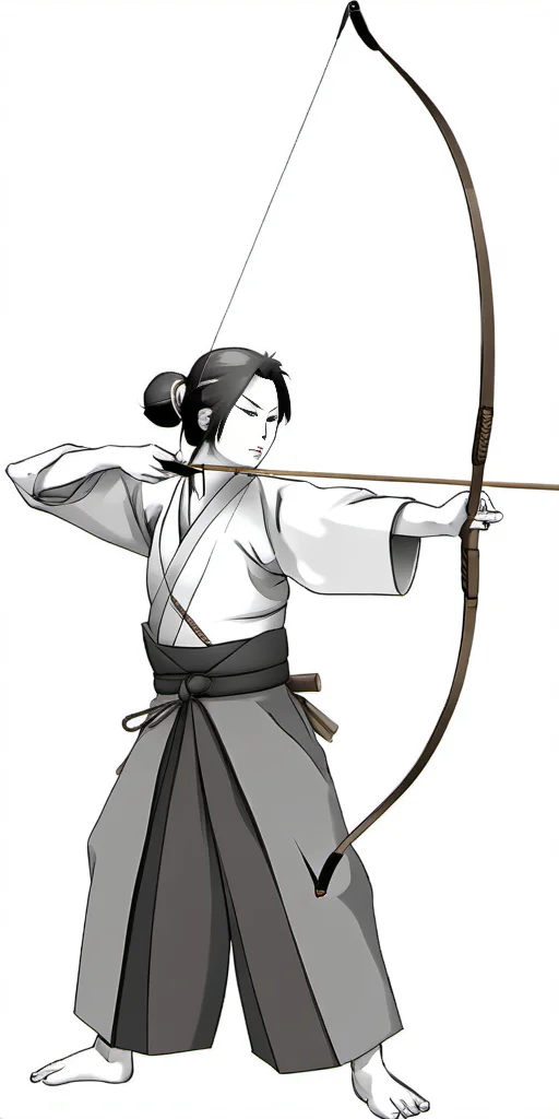 Bow, Japanese, kyudo, yumi, solo, skirt, 1boy, holding, nipples, standing, monochrome, weapon, male focus, japanese clothes, open clothes, kimono, holding weapon, hakama, hakama skirt, bow \(weapon\), arrow \(projectile\), open kimono, sepia, holding bow \(weapon\), hadanugi dousa, holding arrow, drawing bow, archery, kyuudou in the style of <lora:bow01_xl:1>