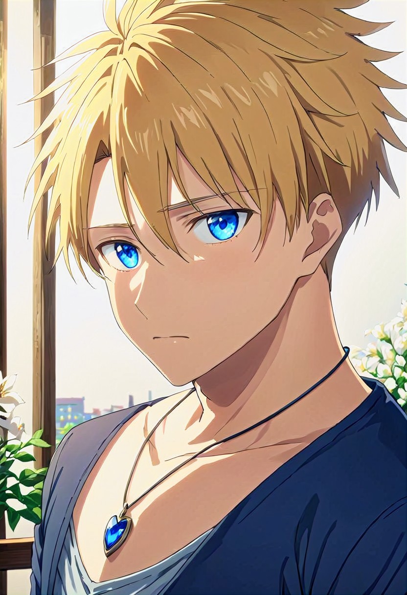 high resolution, solo, best quality, 1Boy, Yamato Ishida, Blonde Hair, Blue Eyes, Necklace, Portrait, couple, love, embrace,