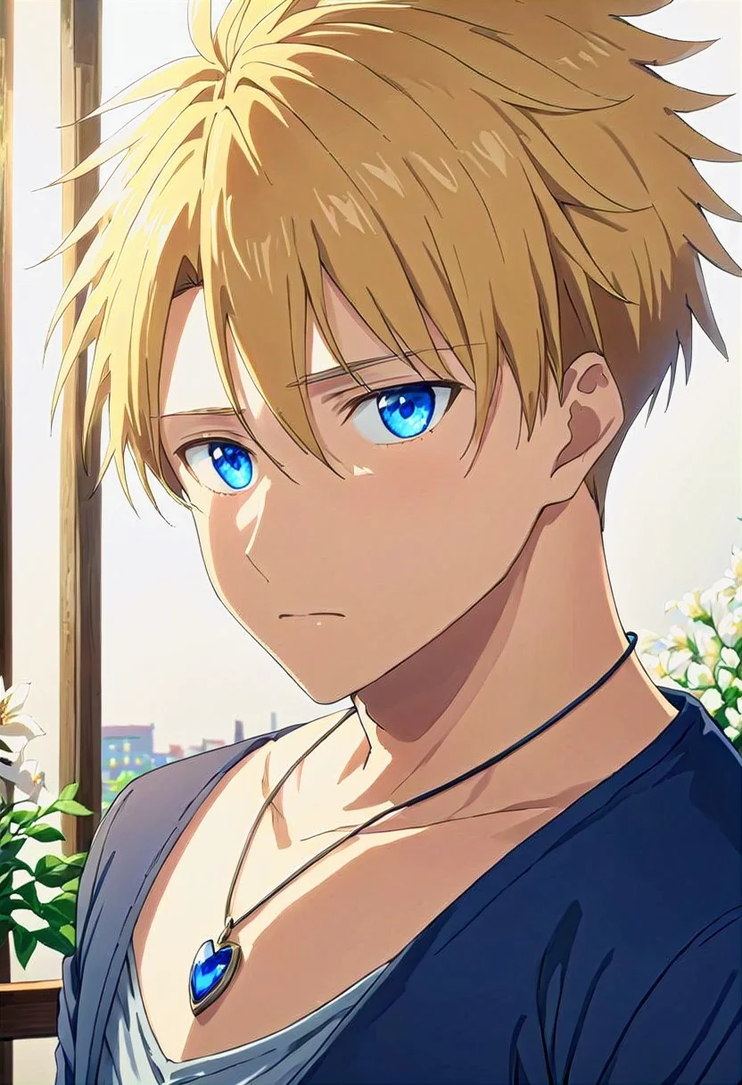 high resolution, solo, best quality, 1Boy, Yamato Ishida, Blonde Hair, Blue Eyes, Necklace, Portrait, couple, love, embrace,