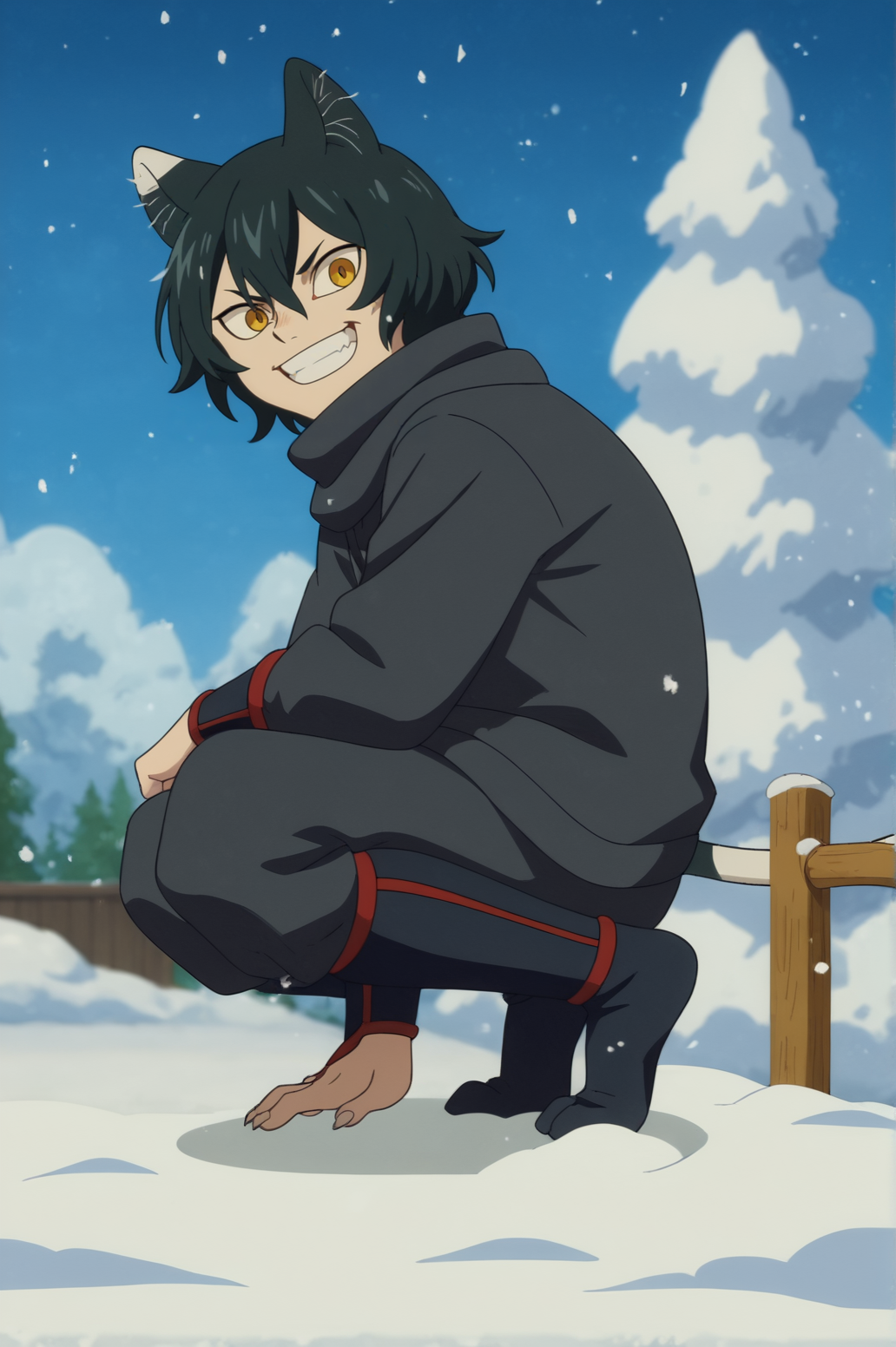 score_9, score_8_up, score_7_up,anime_source, source_anime, best background, detailed background, anime screencap,  izutsumi, shinobi outfit, solo, hands on hips, grin, outdoors, snow, soft particles, squatting <lora:JN_Izutsumi:0.8>