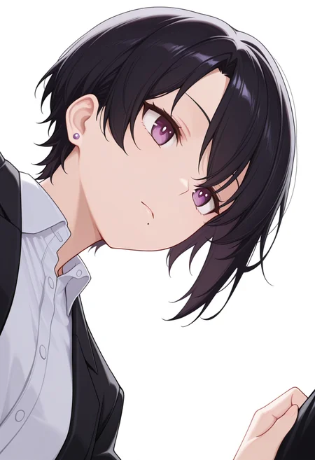 masterpiece,high quality details, absurdres, 
<lora:kuro:0.8> kuro_cnr, 1girl,black hair, short hair, purple eyes, mole under mouth, formal, suit, jacket, white shirt, earrings,, | |,, simple background, white background, from below,solo,