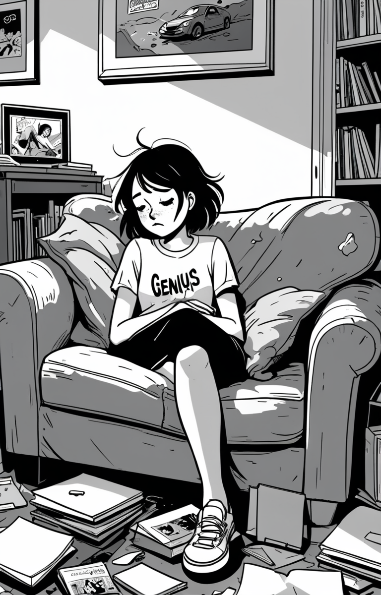 masterpiece,best quality,<lora:tbh373-sdxl:0.6>,illustration,style of exhausted people ,greyscale and white,comic tech genius teenage girl