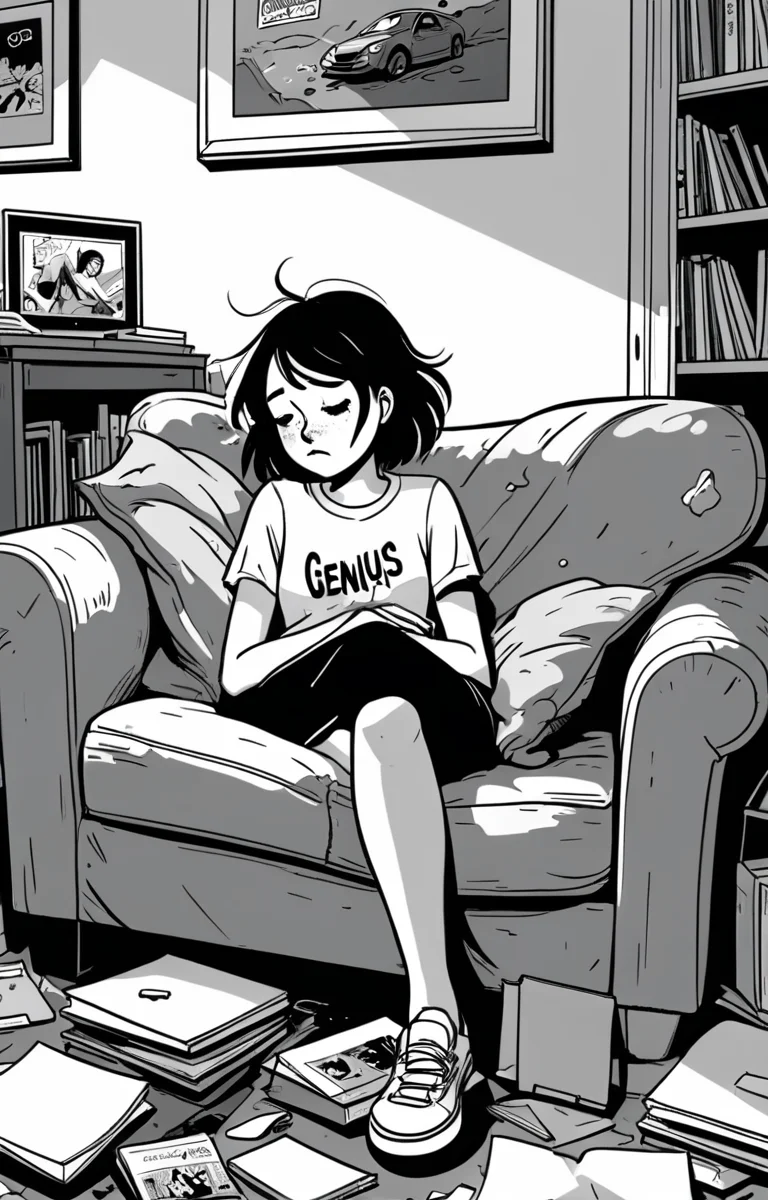 masterpiece,best quality,<lora:tbh373-sdxl:0.6>,illustration,style of exhausted people ,greyscale and white,comic tech genius teenage girl