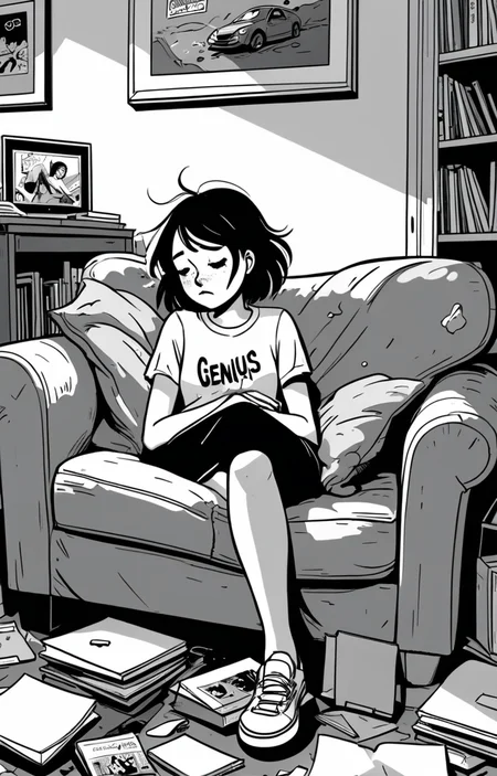 masterpiece,best quality,<lora:tbh373-sdxl:0.6>,illustration,style of exhausted people ,greyscale and white,comic tech genius teenage girl
