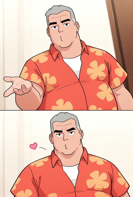 <lora:max-05:1> max, collared red shirt, grey hair, 1boy, short hair, short sleeves, hawaiian shirt, floral print, looking at viewer, expressive, posing, chubby, <lora:FrierenBlowingKissMeme_illusXLNoobAI_Incrs_v1:1> blowing kiss, heart, puckered lips, o3o, masterpiece, best quality, amazing quality, very aesthetic, absurdres, newest,