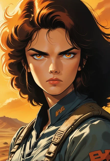 score_9, score_8_up, score_7_up, source_anime,
1girl, grizzled mercenary, desert nomad, orange eyes, orange sclera, stillsuit, science fiction, head tilt, looking at viewer, from side, faint frown, solo, orange dust,
EnD_1980s_Style, 1980s (style), retro artstyle, d3t41l3d,