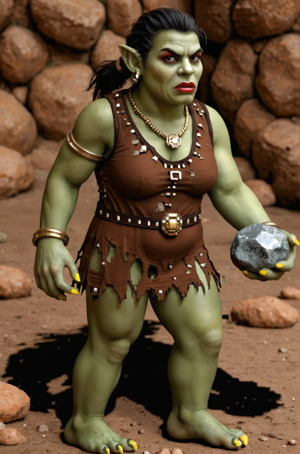 score_9, score_8_up, score_7_up, BREAK,
heroes2, pixel art, from front, three-quarter view, full body, troll, female, mature, brown tunic, short skirt, green skin, barefoot, grey hair, gold earrings, solo, yellow fingernails, long fingernails, rock, holding rock, gold necklace, gold bangle, gold armband, gold hair tie, mole, black eyes, red eyeshadow, red lipstick, standing, tattered clothing, medium breasts, annoyed, grimace, scowl,
, <lora:HoMMv6_S98:1>,